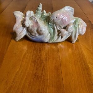 Vintage Ceramic Lusterwear Pearlised Twin Goldfish Koi Figurine Iridescent Glaze